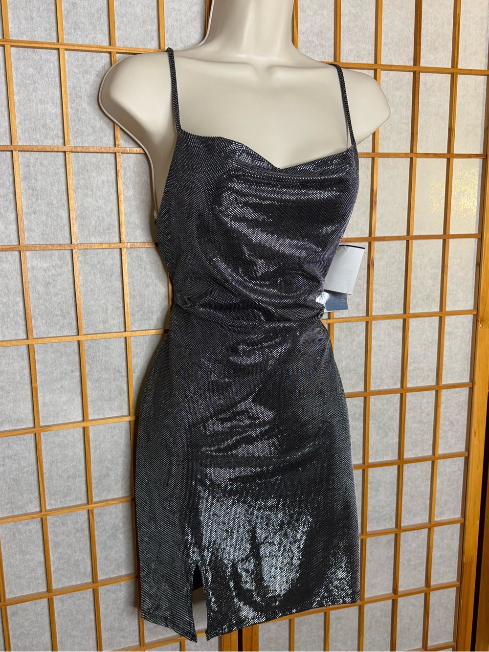 Metallic Black Sequin Cowl Neck Mini Dress